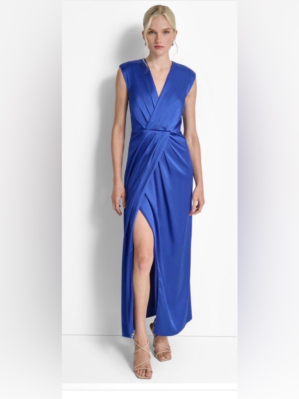 DKNY Women's Crisscross Pleated Side-Slit Sleeveless Gown - Royal Blue - Sz. 12